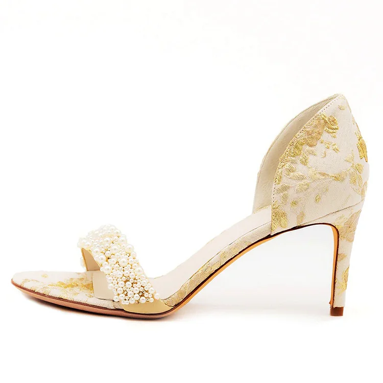 Women's Beige Satin Bridal Shoes Floral Open Toe Heeled Pearl Sandals |FSJ Shoes