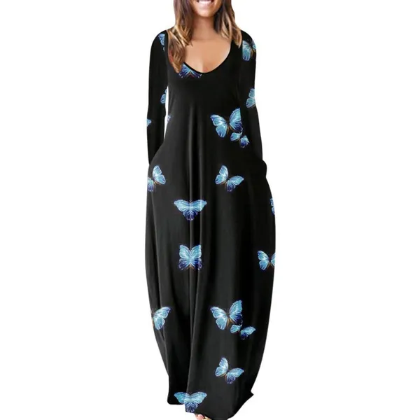 Womens Loose Pocket Boho Vintage Hole Dress Full Long Sleeper Spring Party Beach Maxi Big