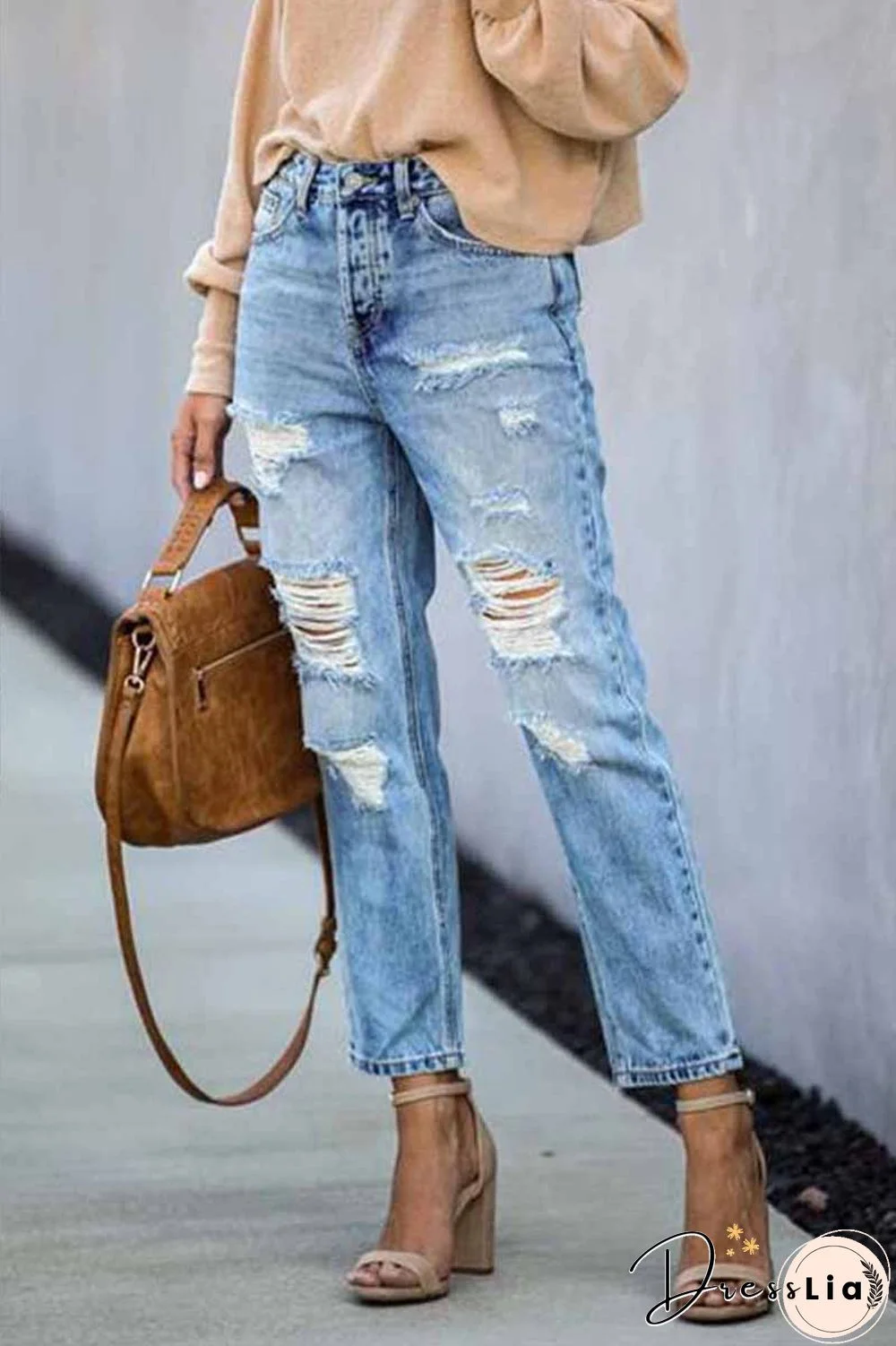 Mid Waist Ripped Jeans