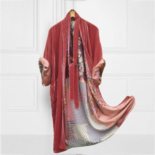 VChics Casual Fashion Lining Patchwork Printed Loose Velvet Kimono Duster