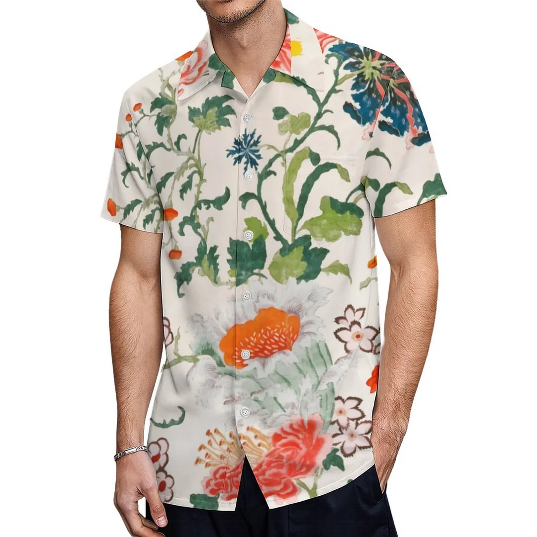 Short Sleeve Red Black Green Blooming Floral Hawaiian Shirt Mens Button Down Plus Size Tropical Hawaii Beach Shirts