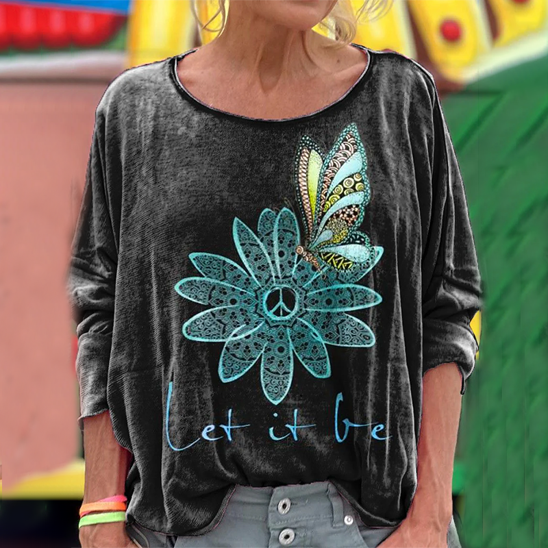 Women's Let It Be Flower Butterfly Washed Hippie Vibe Tie Dye Print Long Sleeve T-Shirt artswardrobe