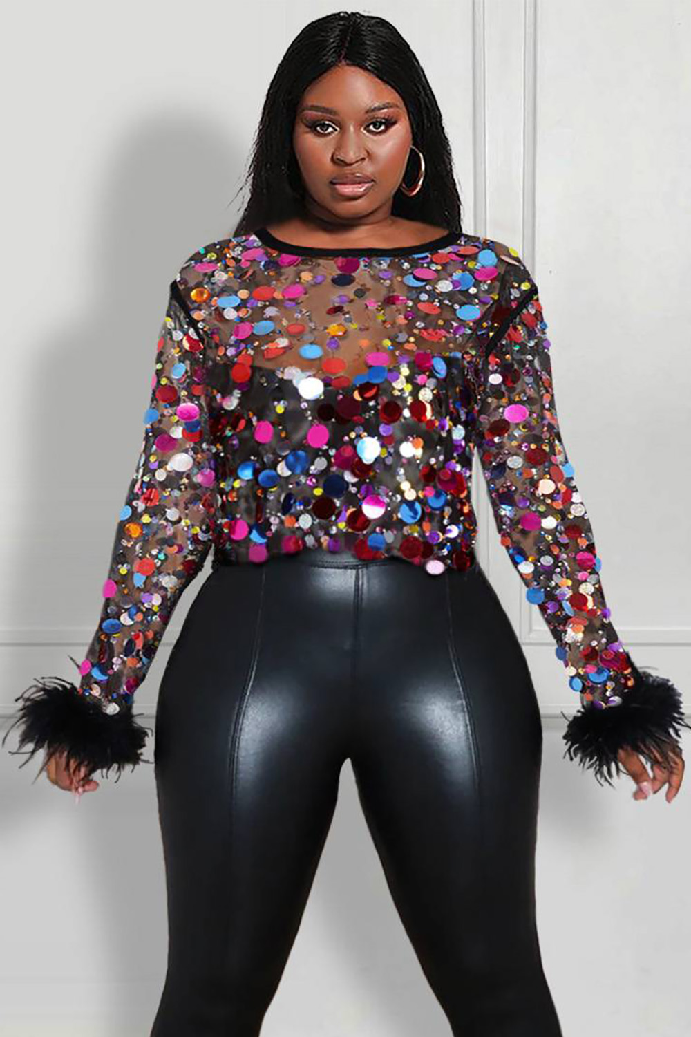 Design Plus Size Party Blouse Black Round Neck Disco Sequin Feather Mesh See-Through Blouse