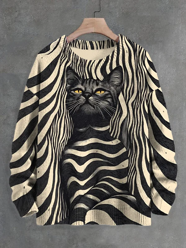 Men's Black Cat Line Abstract Art Print Knit Sweatshirt