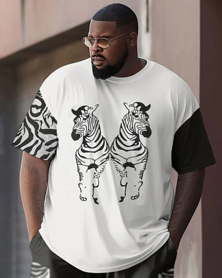 Men's Large Size Street Retro Color Matching Zebra Hip-Hop Casual Two-Piece Set
