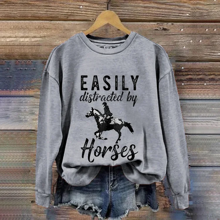 Comstylish Horse Letter Print Round Neck Casual Sweatshirt