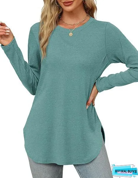 Solid Color Asymmetrical Hem Long Sleeve Crew Neck Pullover
