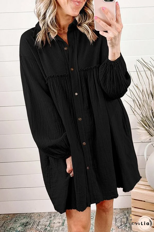 Patchwork Crinkled Puff Sleeve Raw Hem Dress