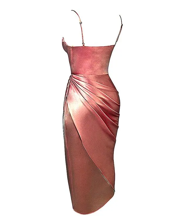 Sexy Shirring Irregular Satin Midi Prom Dress