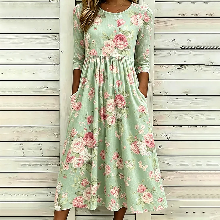 Women's Vintage Floral Art Print Linen Dress