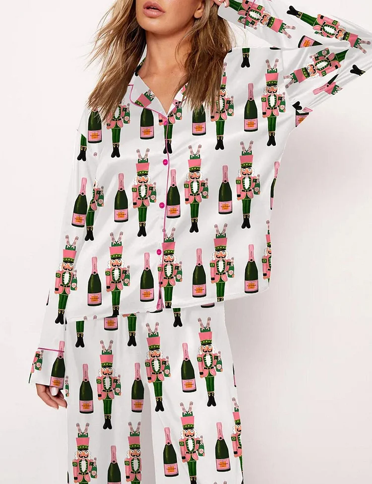 Women's Bucket Nutcracker Champagne Long Sleeve Pajama Set