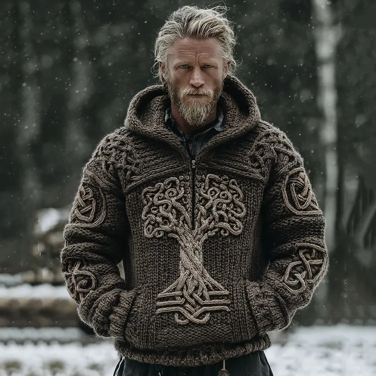 Men's Vintage Celtic Tree Of Life Jacquard Half Zip Aran Sweater