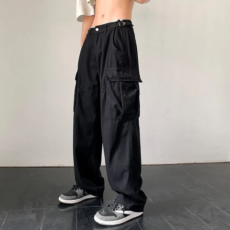 Inongge Men Casual Pants Multi Pockets Cargo Trousers Men High Quality Baggy Fashion Streetwear Joggers Pantalon Rice white/Black