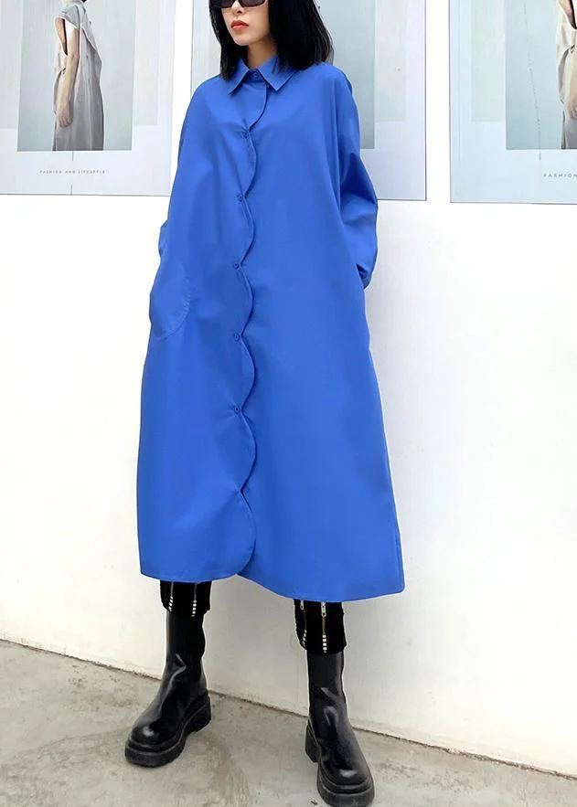 Classy Blue Quilting Dresses Lapel Pockets Maxi Spring Dress