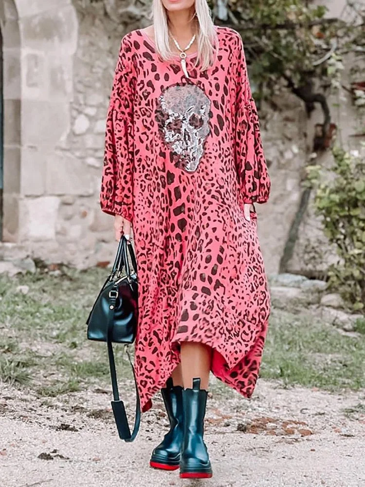 Loose Casual Women V Neck Long Print Dress Summer Long Sleeve Streetwear Maxi Red Dress 2022 Femme Vintage Skull Dress Vestidos