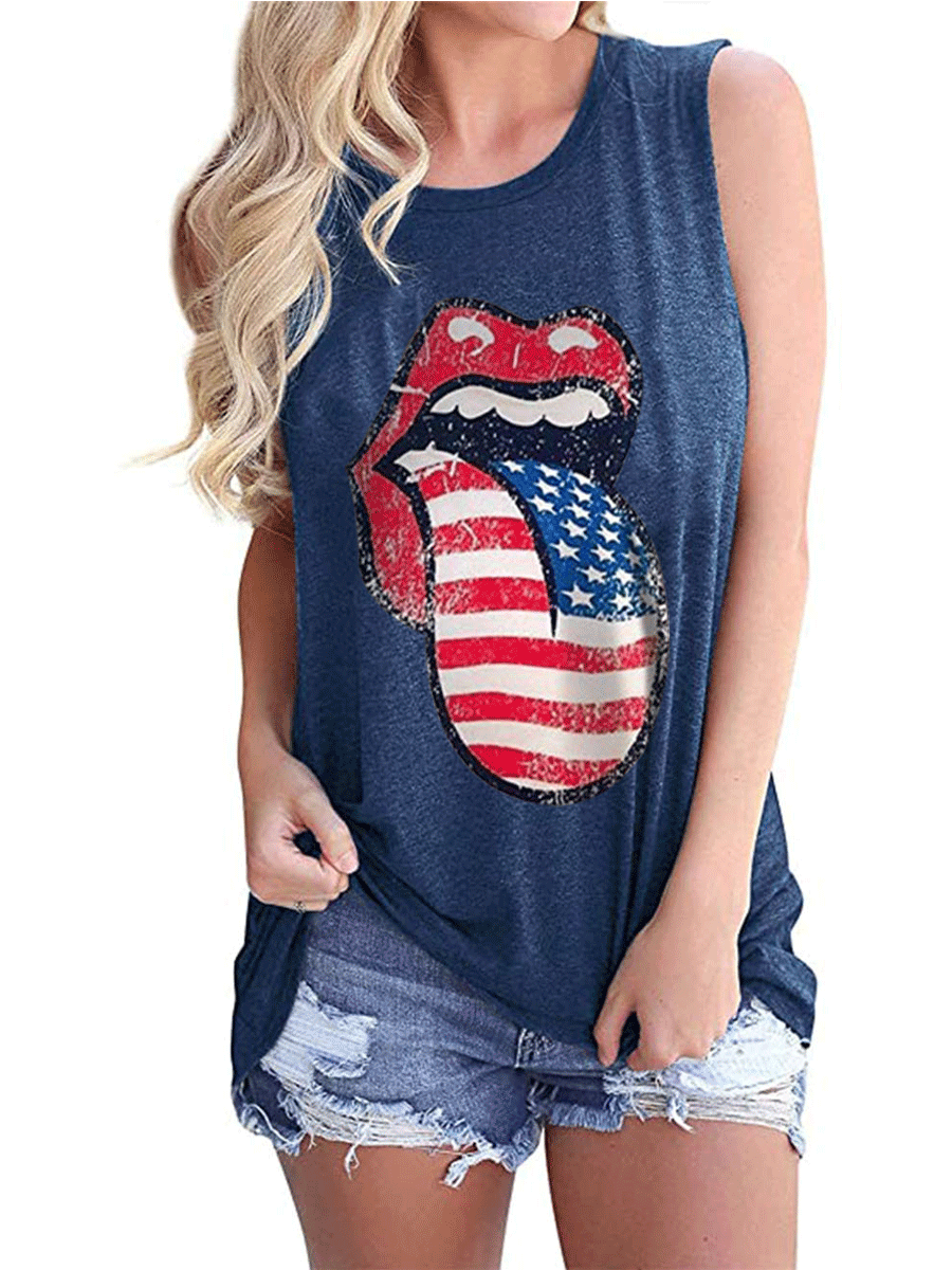 Independence Day Flag Lips Printed Crew Neck Vest