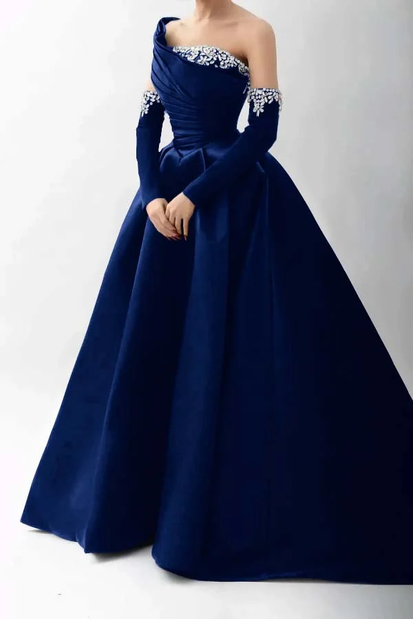 Black Beaded One-Shoulder Long Prom Dress With Rhinestones Sleeves ZT0474