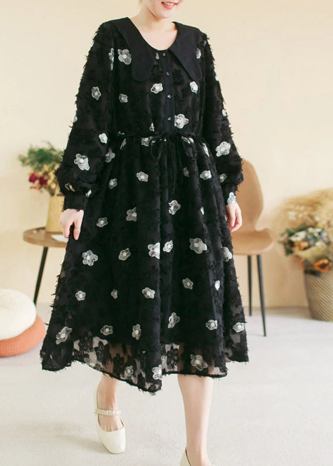 Vintage Black O-Neck Embroideried Floral Patchwork Cotton Long Dress Spring