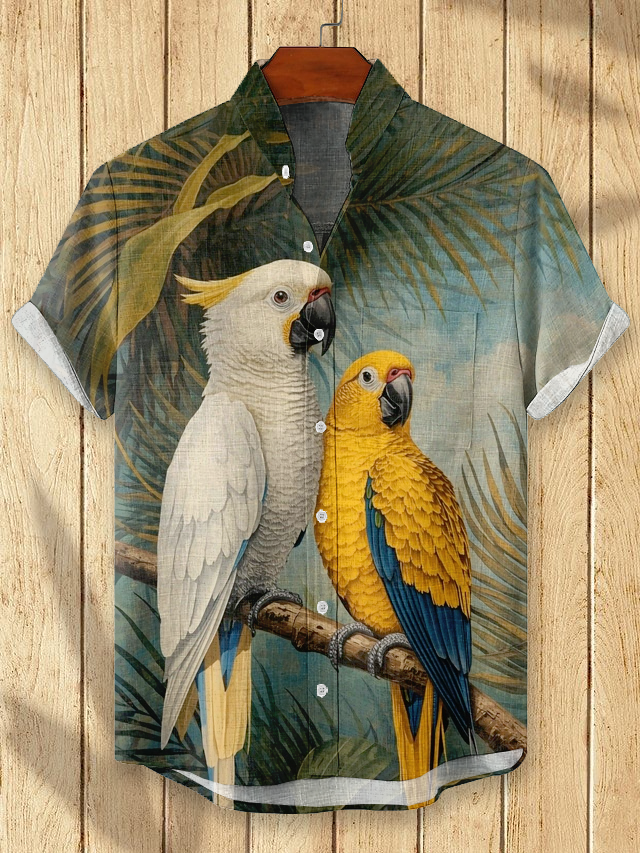 Hawaiian parrot stand-up collar pocket shirt PLUSCLOTHESMAN