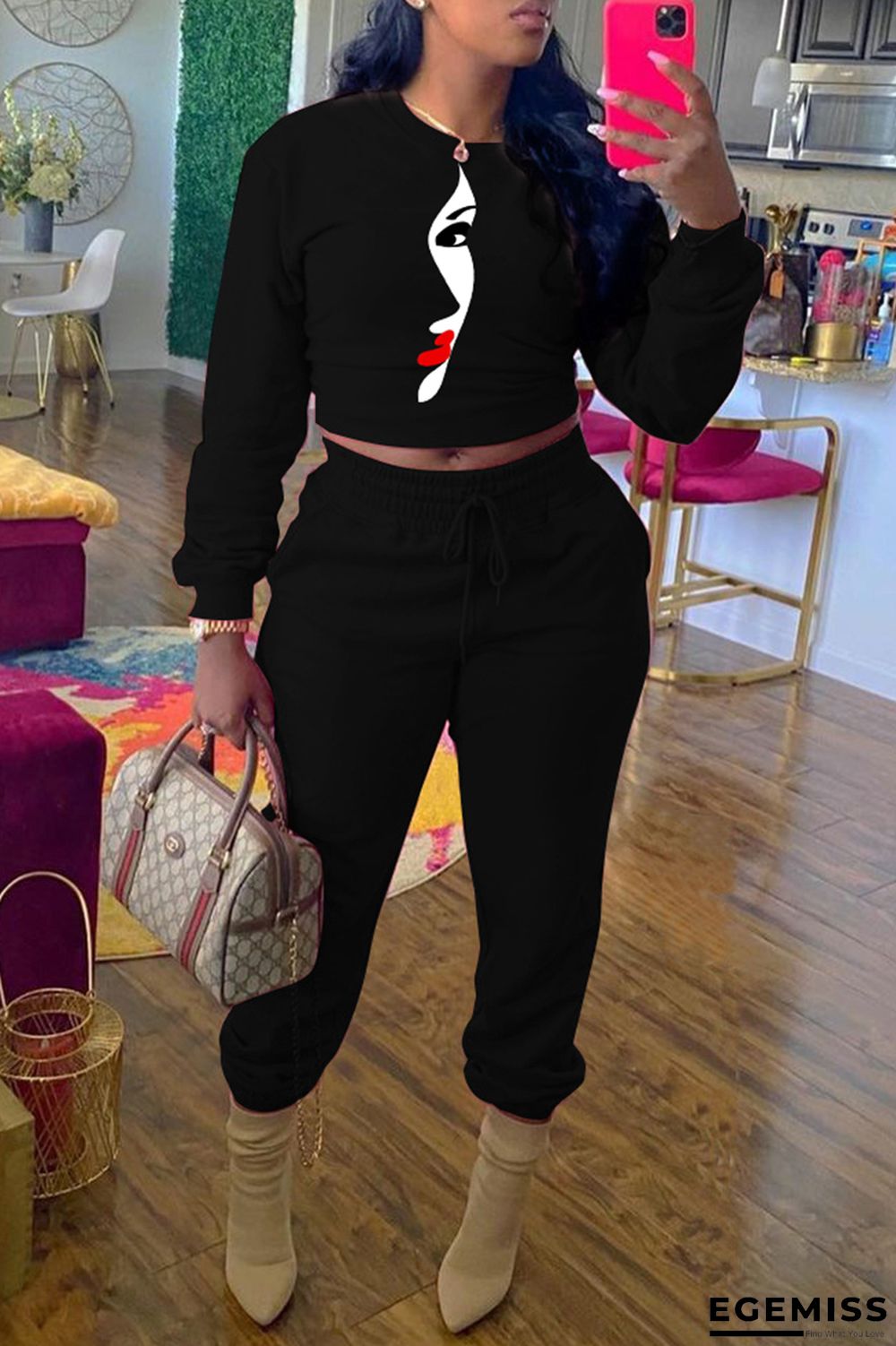 Black Casual Print Patchwork O Neck Long Sleeve Two Pieces | EGEMISS