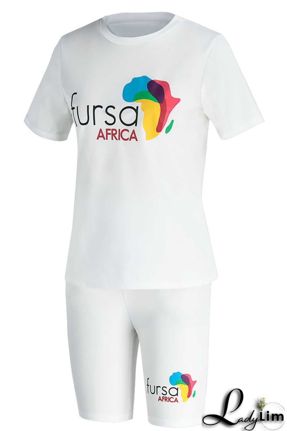 White Fashion Casual Print Basic O Neck Short Sleeve Two Pieces