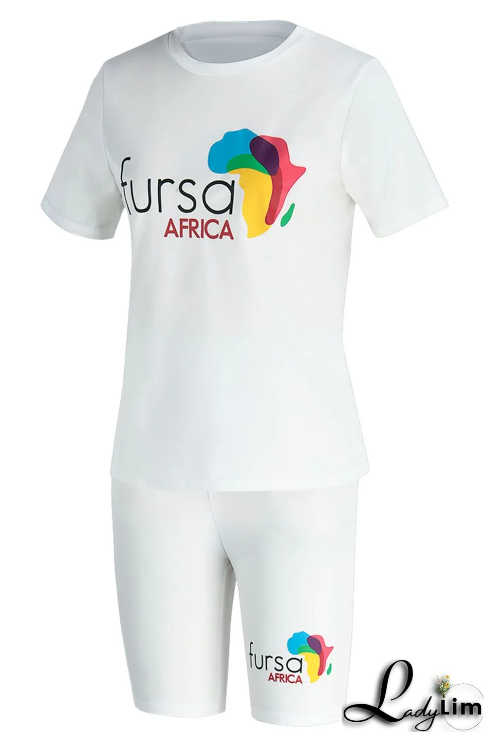 White Fashion Casual Print Basic O Neck Short Sleeve Two Pieces