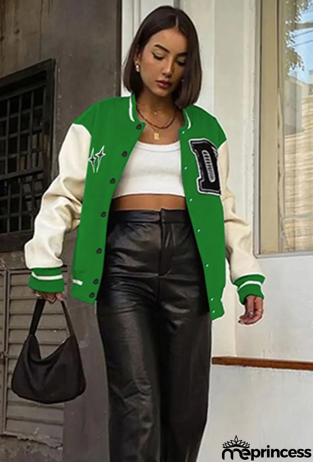 Autumn Contrast Color Button Up Long Baseball Jacket