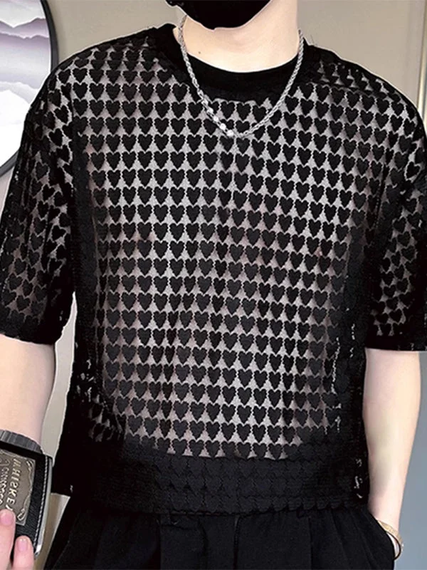 Aonga - Mens Heart Jacquard See Through T-Shirt