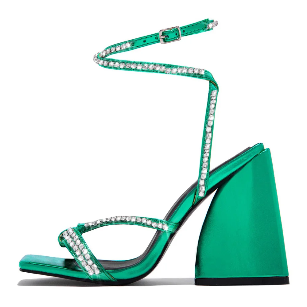 Green Square Decorative Heel Sandals Sparkly Rhinestone Ankle Strap Sandals Nicepairs