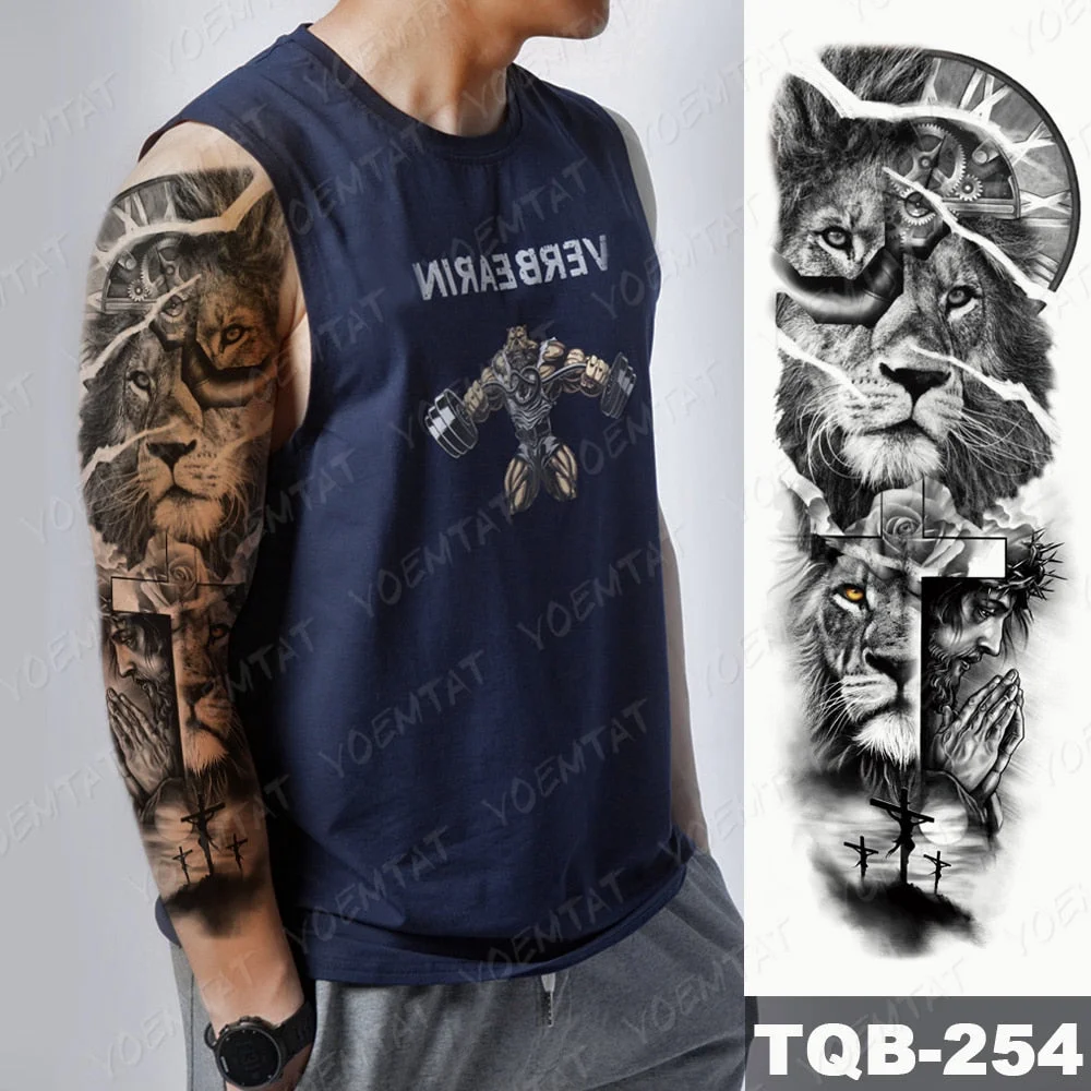 Large Arm Sleeve Tattoo Lion Cross Prayer Waterproof Temporary Tatto Sticker Tiger Beach Compass Body Art Full Fake Tatoo Men