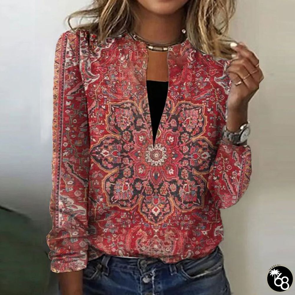 Modern Print V-Neck Long Sleeve Red Top | 168DEAL