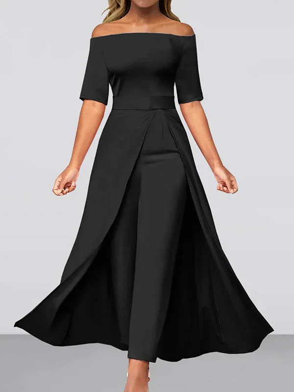 Half Sleeves Ninth Pants Solid Color Split-Joint Off-The-Shoulder Jumpsuits