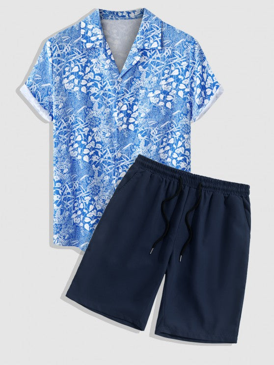 Lapel Collar Leaf Print Shirt And Shorts