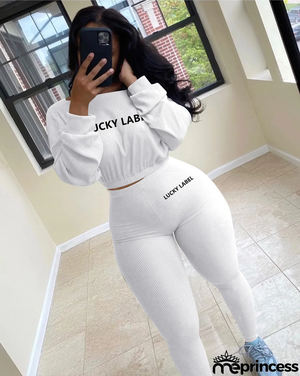 Plus Size Letter Long Sleeve 2 Piece Pants Set