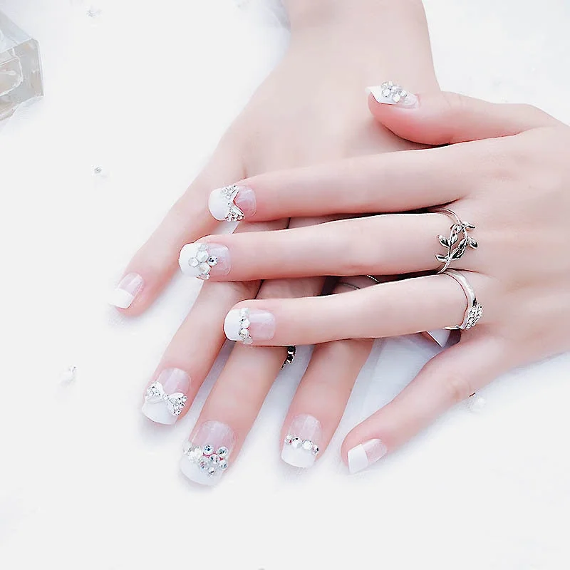 Bride Shining Rhinestone Wedding False Nails Ladies Simple Fashion French Fake Nails White Beige Acrylic Nail Tips With Glue-Nail Inspo