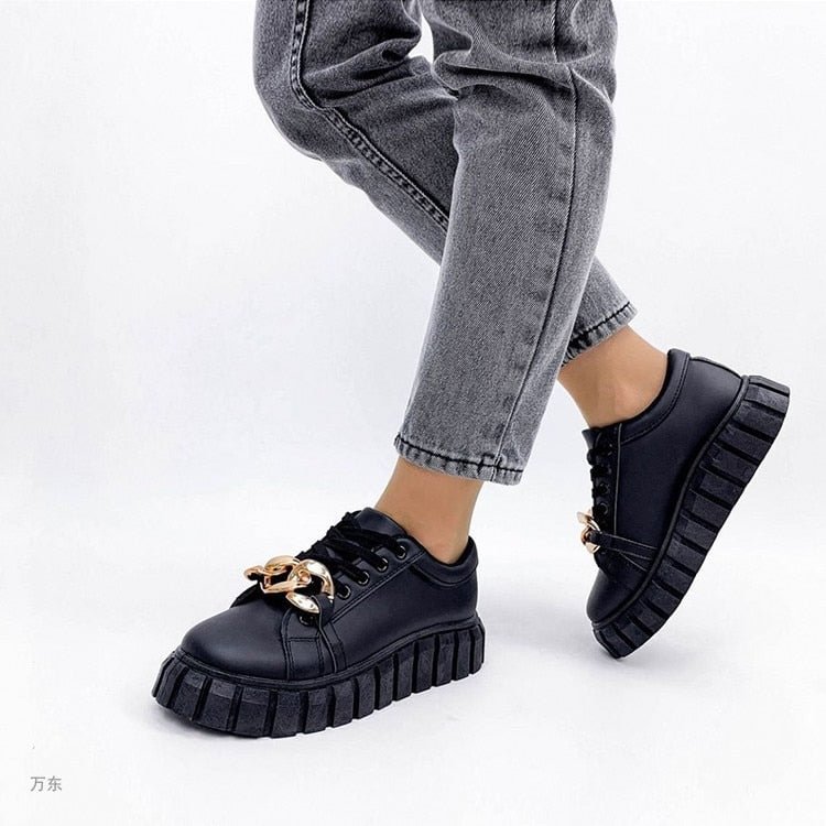 Summer Women Trend Design Flat Sneaker Platform Thick Sole Chain Decoration Lace Up Solid Quality Leather Shoes Ladies Female