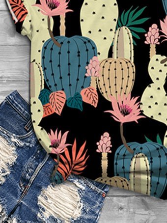 Bestdealfriday Cactus Pattern Printed Casual Short Sleeve Round Neck T-Shirt 9343058