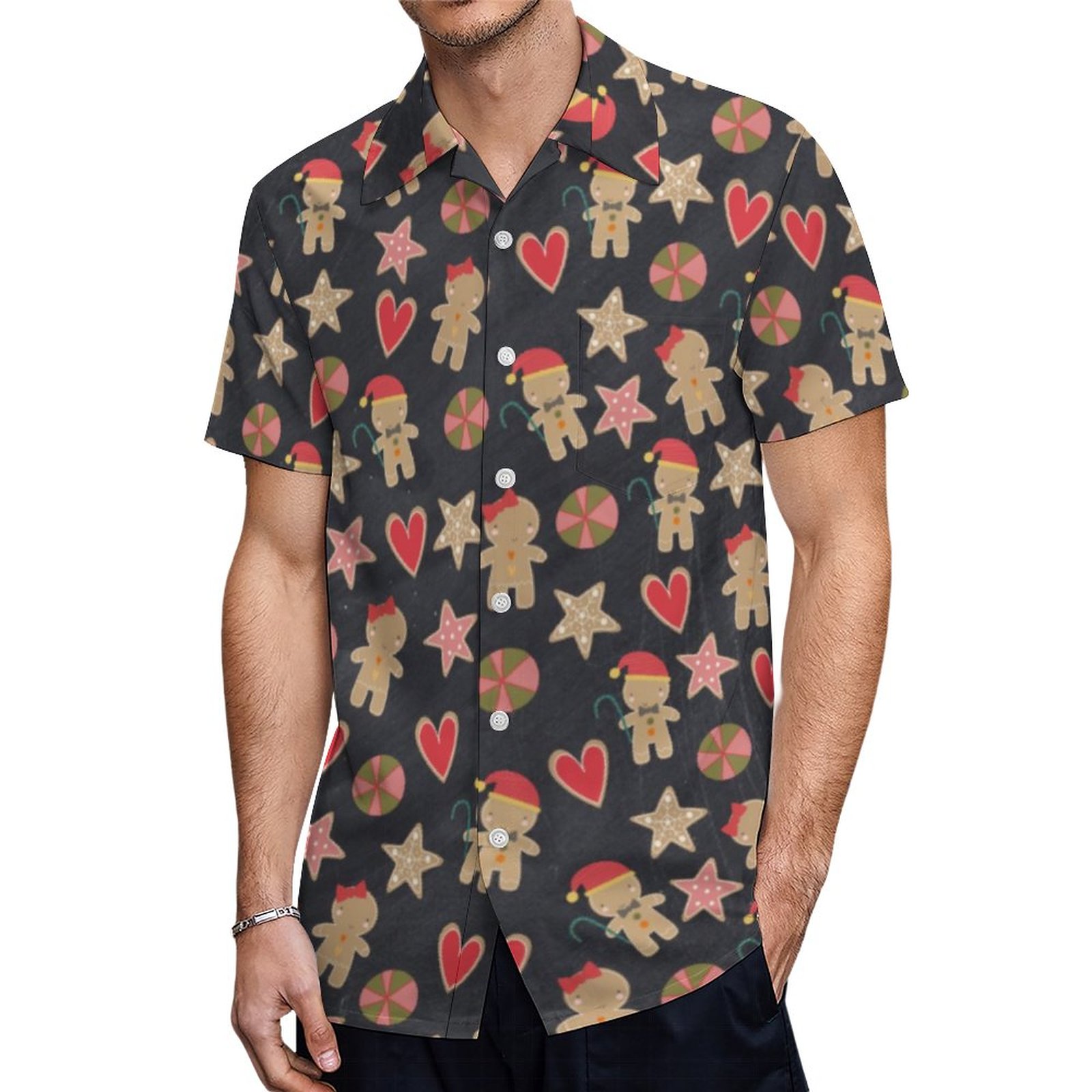Cute Gingerbread Man Cookie Star Heart Chalkboard Hawaiian Shirt Mens Button Down Tropical Hawaii Beach Shirts