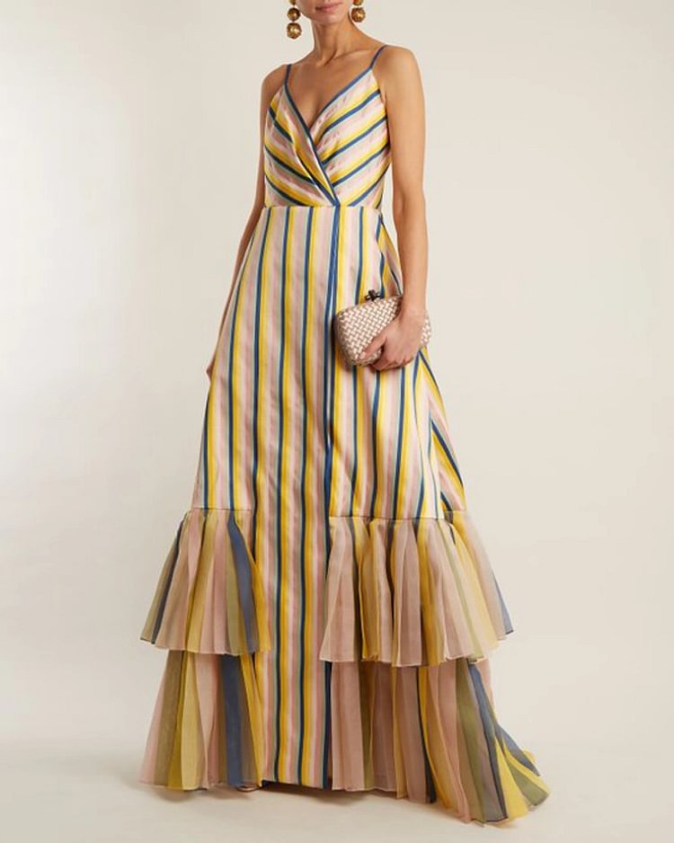 Striped Print Ruffle Strap Maxi Dress