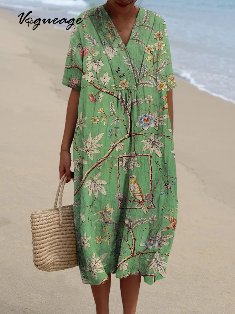 Meticulous Plant Bird Printed Women's Casual Cotton And Linen Dress