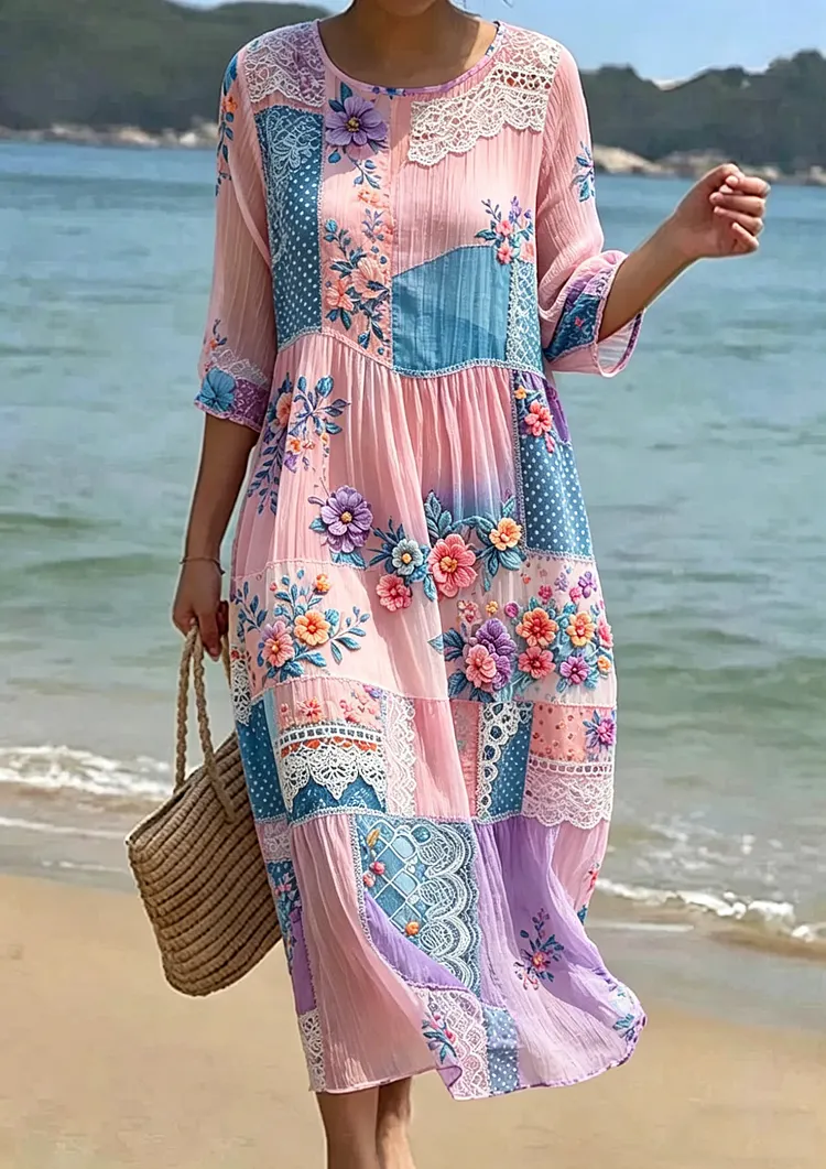 Women's Floral Embroidered Smocked Waist Midi Dress