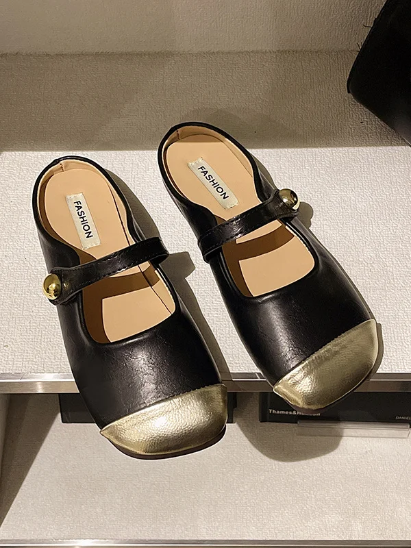 Square-Toe Split-Joint Shallow Cut Contrast Color Slippers&Mules Mary Janes Flats