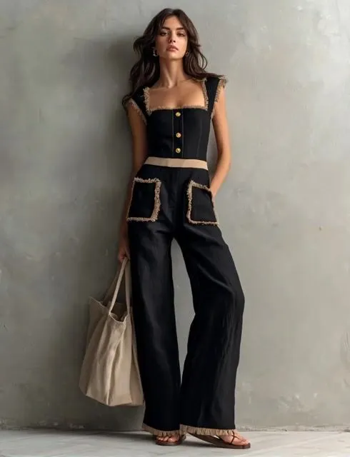 Women's Casual Black Cotton-Linen Sleeveless Jumpsuit With Wide Straps MD