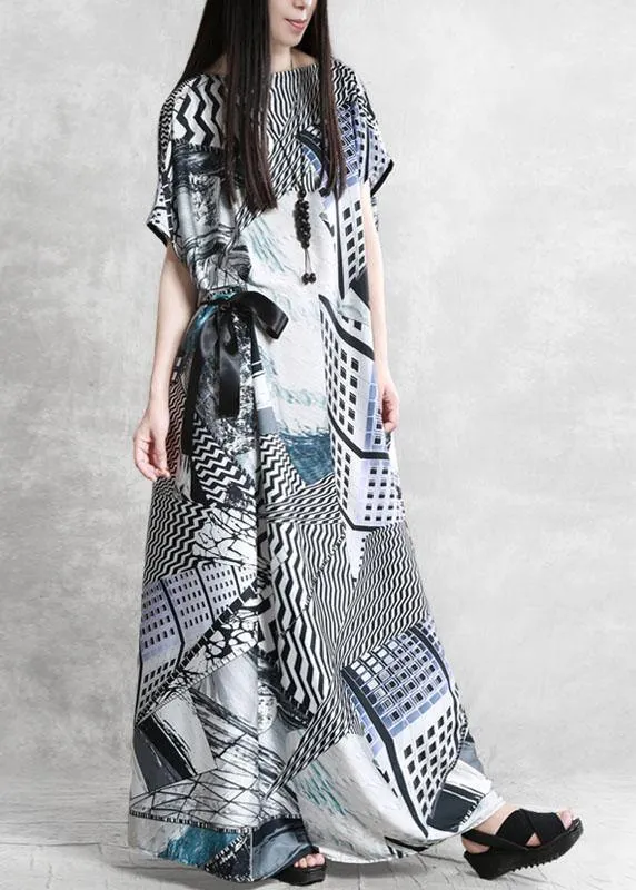 Plus Size Gray Print Silk Robe Dresses Tunic