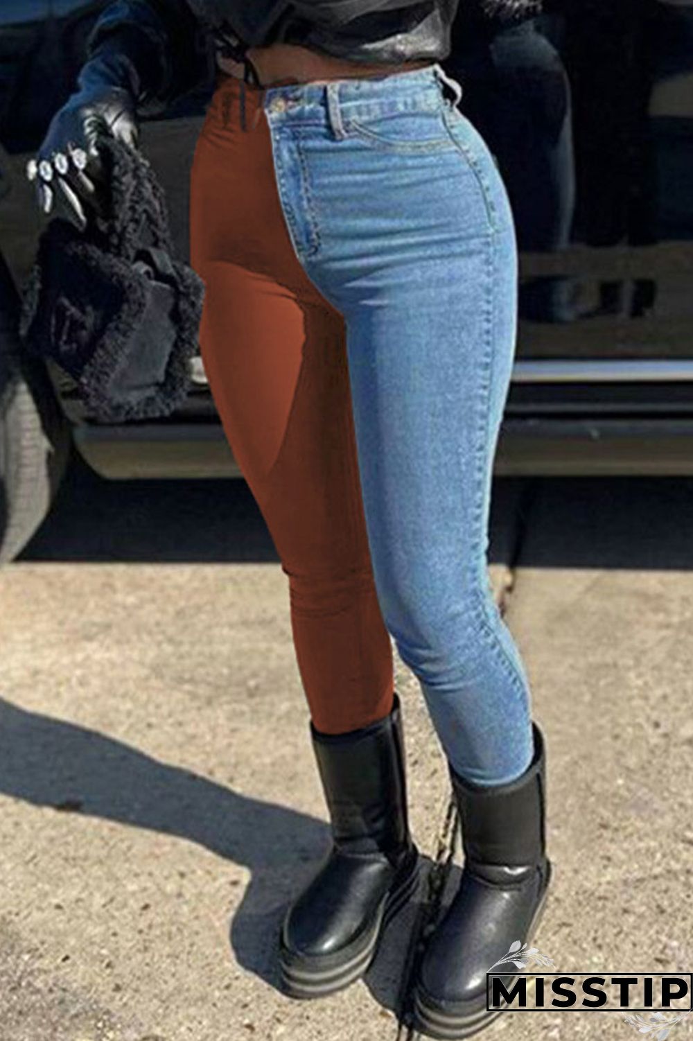 Black Casual Solid Patchwork High Waist Denim Jeans