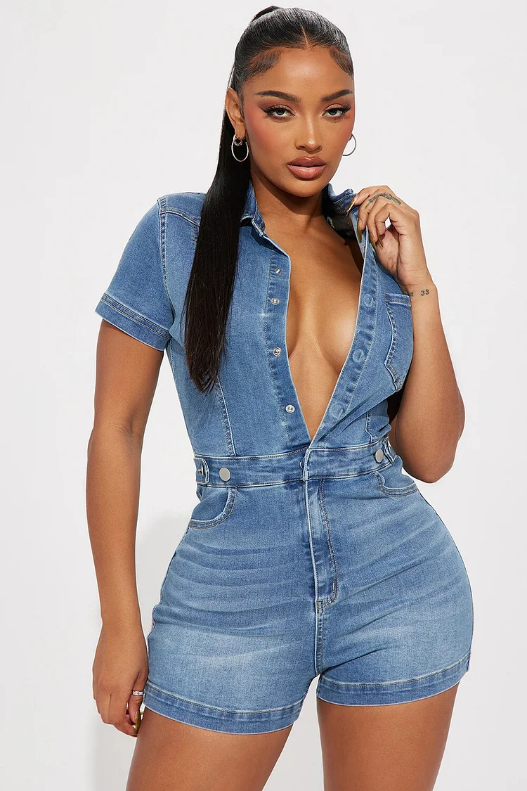 Short Sleeve Turndown Collar Button Up Casual Slim Fit Playsuit Romper-Blue