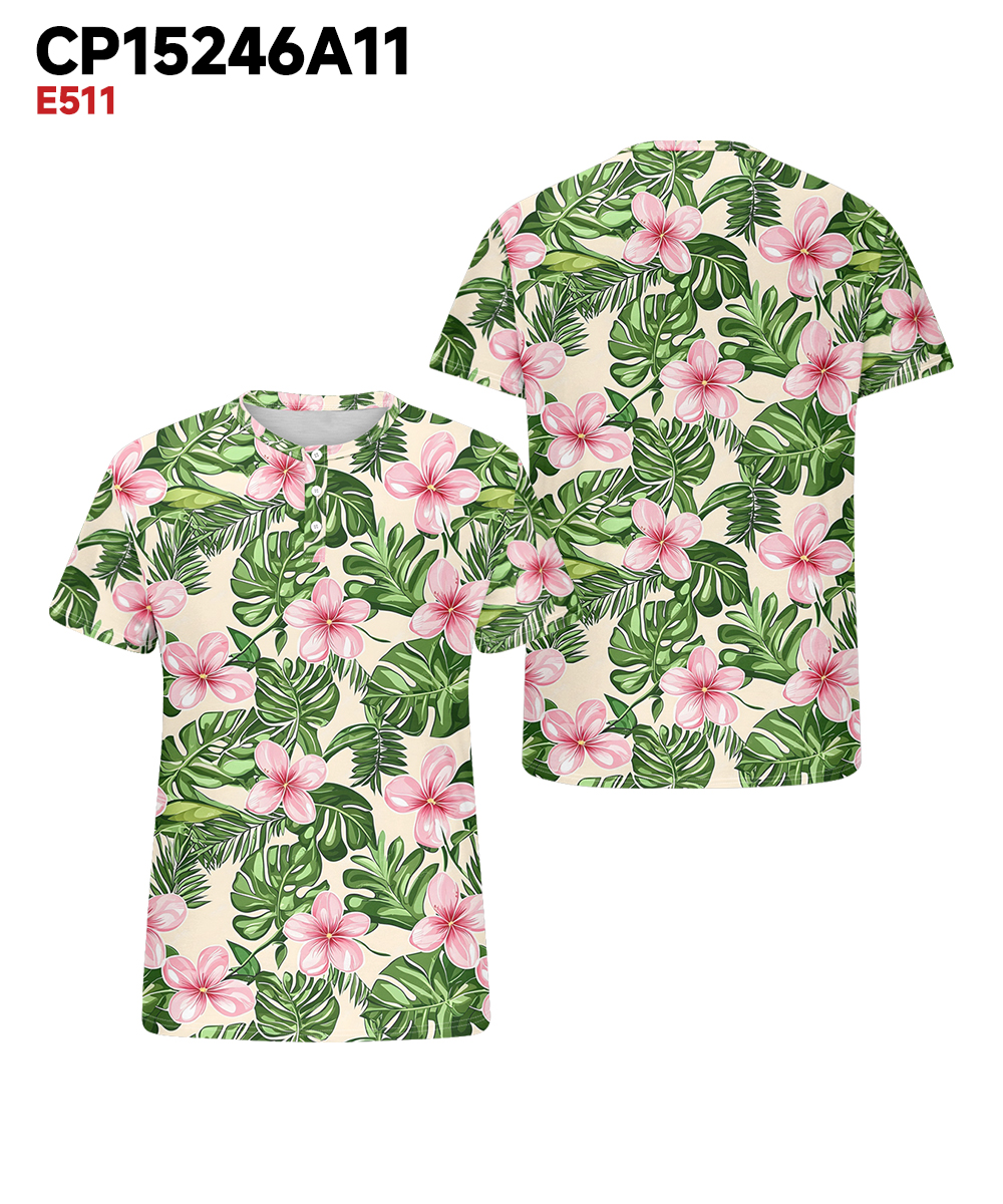 Men's Plus Size Hawaiian Green Floral Print Henry Collar Button Short Sleeve Tee