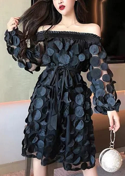 Chic Black Slash Neck Tie Waist Patchwork Tulle Mid Dress Long Sleeve