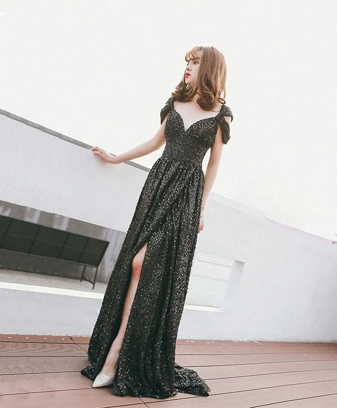 Black Off Shoulder Sequin Long Prom Dress, Black Evening Dress
