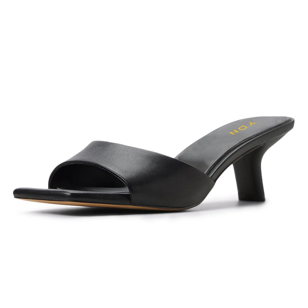 Black Vegan Leather Open Square Toe Chunky Heel Mules Sandals